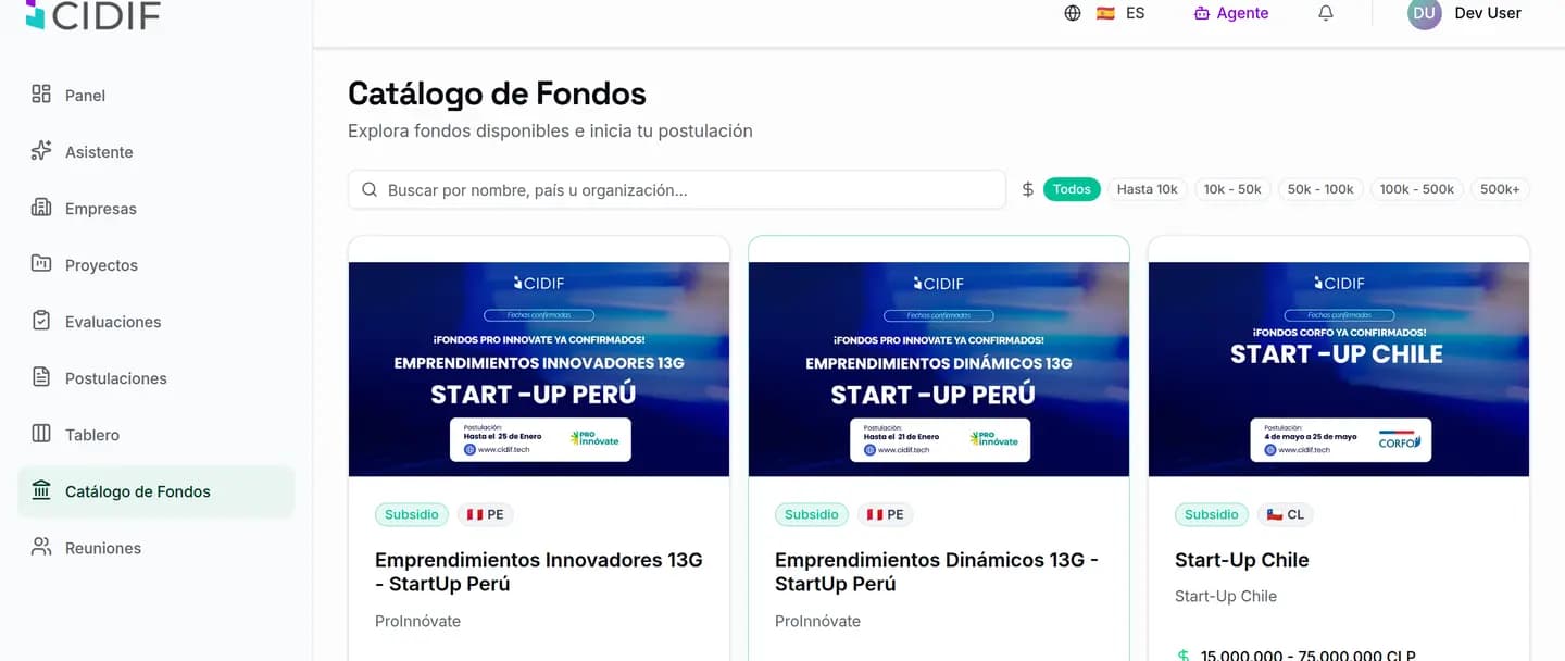 Catálogo de fondos de CIDIF: tarjetas de convocatorias con filtros por monto, país y organismo.